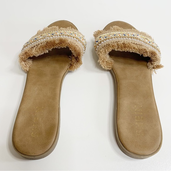 SHEIN Fabric Slides, Embellished Fringed Upper, Tan, Size 9 - Picture 4 of 6